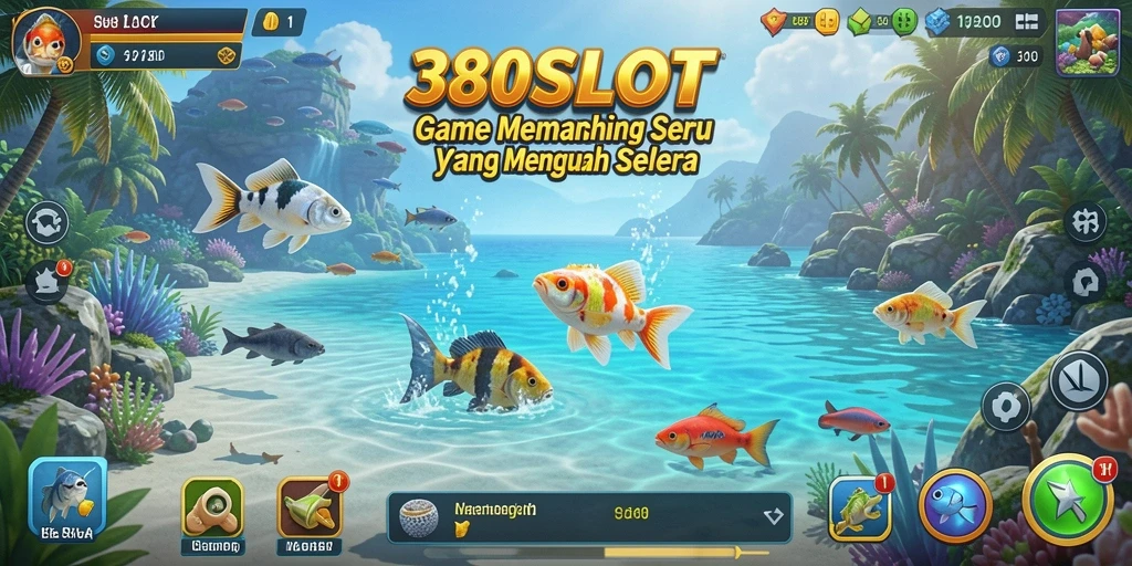 Tampilan gameplay 380SLOT yang menarik dengan ikan beragam dan alat pancing.