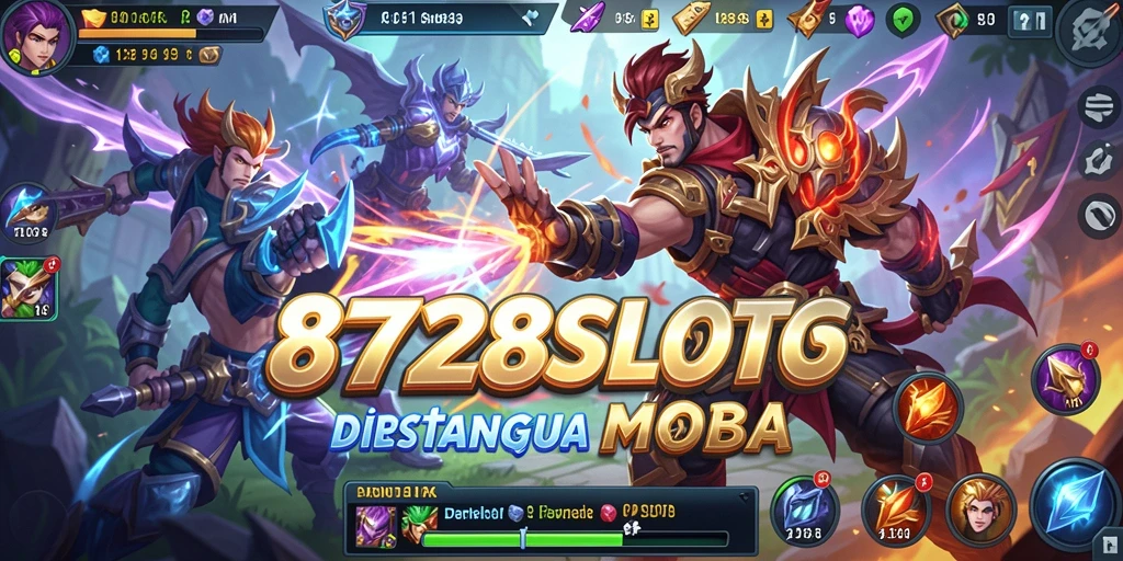 Screenshot gameplay 8728SLOTS menampilkan pertarungan epik antara karakter-karakter unik.