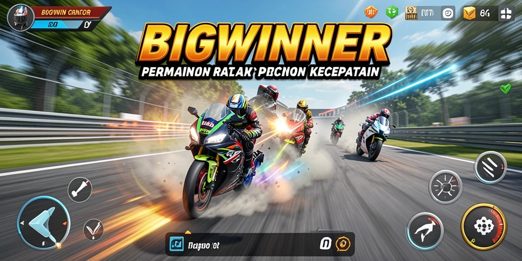 Screenshot gameplay BIGWINNER menampilkan balapan motor yang seru di trek yang mendebarkan.