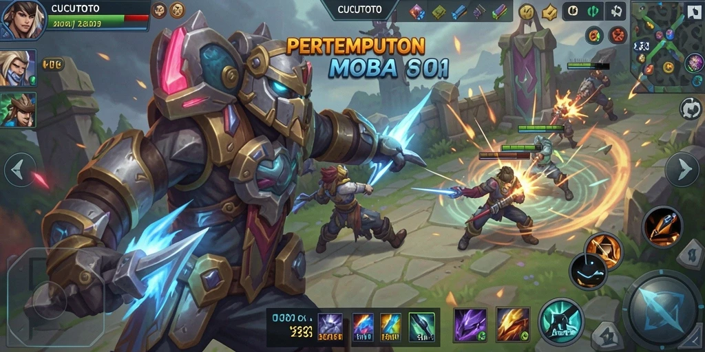 Screenshot utama CUCUTOTO menampilkan aksi gameplay MOBA yang intens.