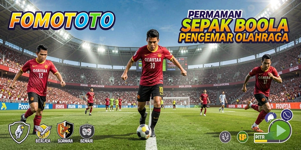 Screenshot utama FOMOTOTO menampilkan aksi seru pertandingan sepak bola.