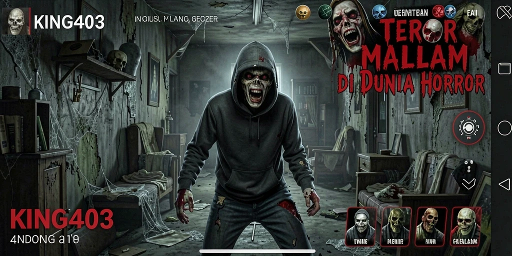 Screenshot utama KING403 menampilkan suasana menyeramkan saat gameplay berlangsung.