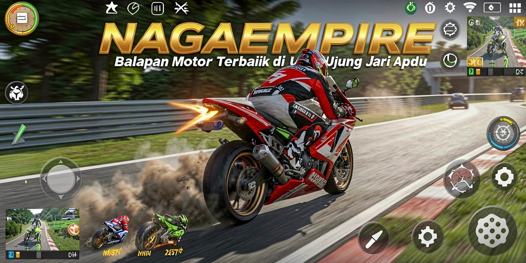 Gameplay NAGAEMPIRE menampilkan balapan motor yang mendebarkan dan penuh aksi.