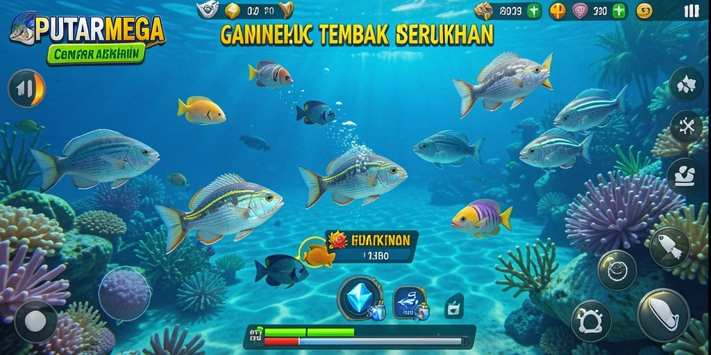 Gameplay PUTARMEGA menampilkan aksi tembak ikan yang seru dan mendebarkan.