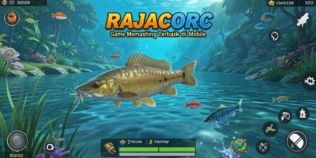 Tangkapan layar RAJACORC menampilkan gameplay memancing yang seru.
