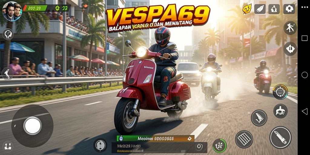 Screenshot gameplay VESPA69 yang menunjukkan balapan seru dan mendebarkan.